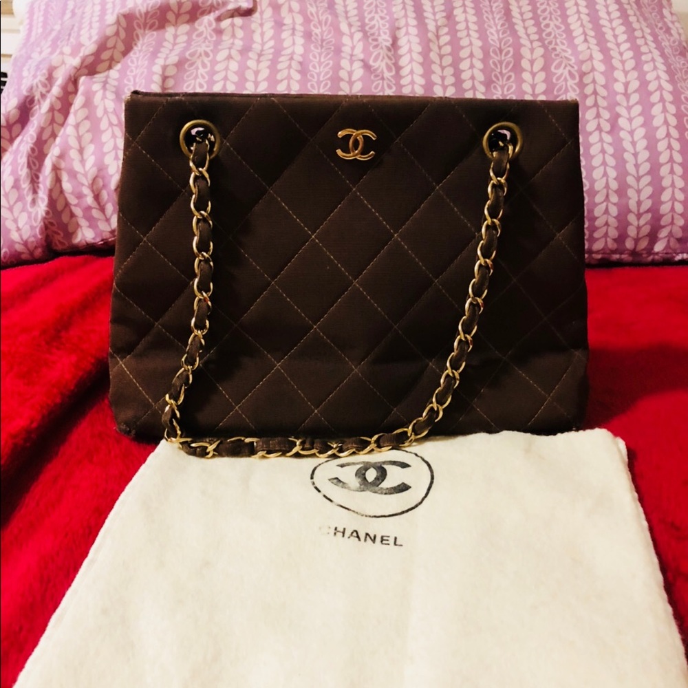 Authentic Chanel Brown Cloth Shoulder/Hand bag